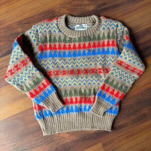 Vintage Garan Kids Fair Isle Sweater Tan Geometric Tree Pattern Made in USA M 4T